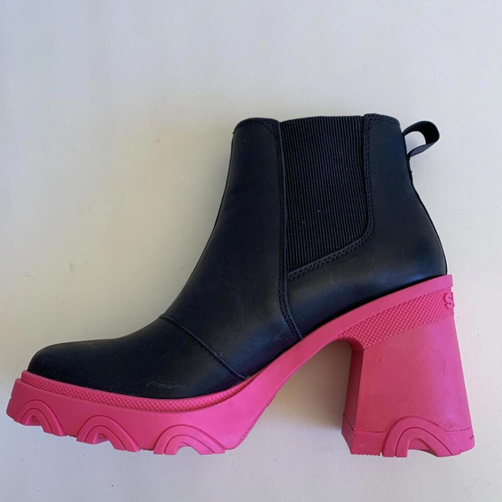 Sorel Women's Black Pink Brex Chelsea Ankle Bootie Boots US SZ 9 Chunky Platform